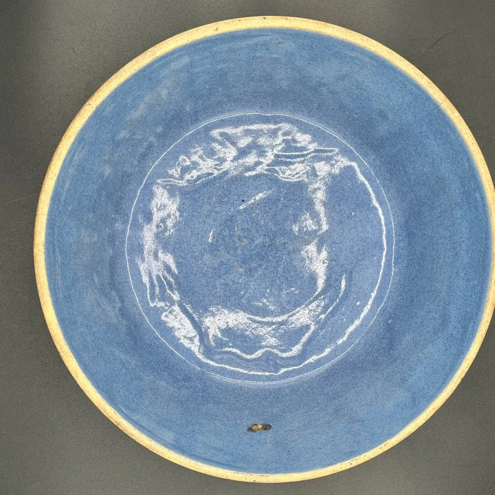Antique Star Fire Clay Blue Glaze Stoneware Bowl Star Leaf Fleur De Lis Embossed